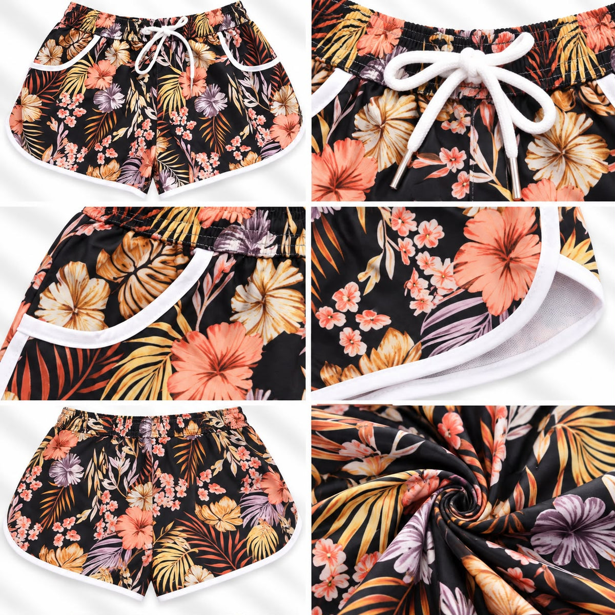Women’s Tropical Floral Beach Shorts – Black & Multicolor