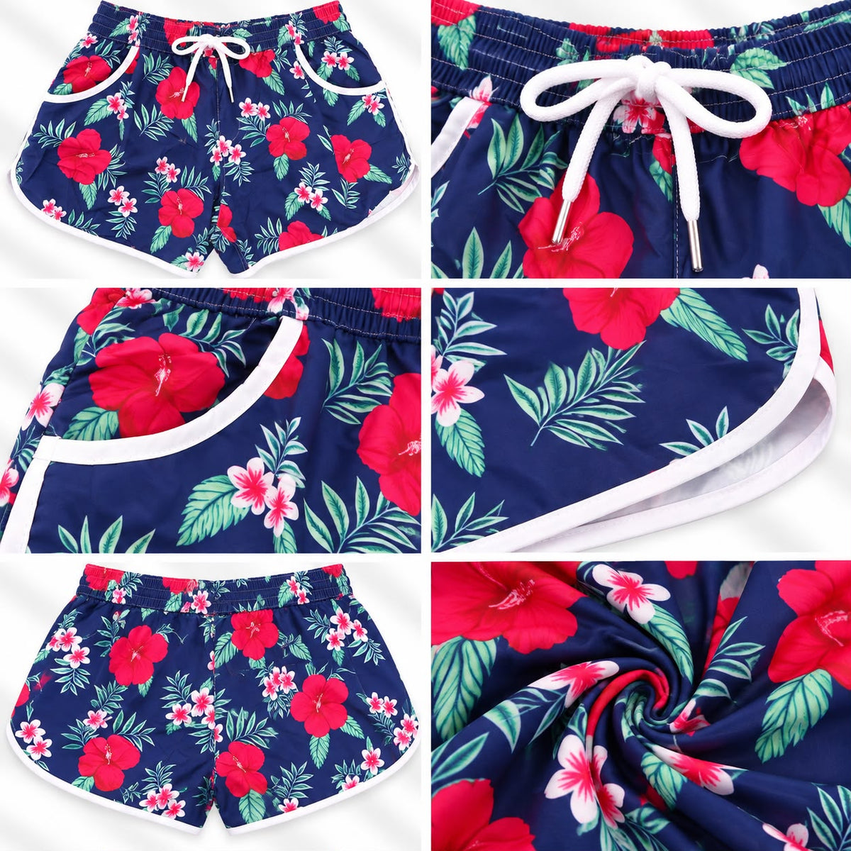 Women’s Hibiscus Print Beach Shorts – Navy & Red