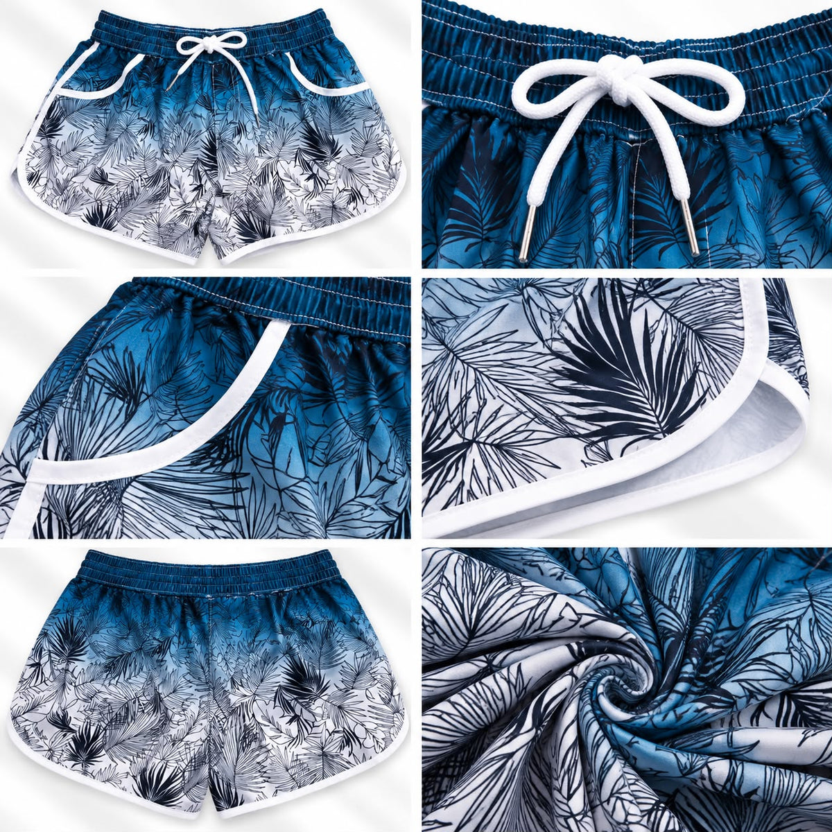Women’s Tropical Leaf Print Beach Shorts – Blue & White Ombré