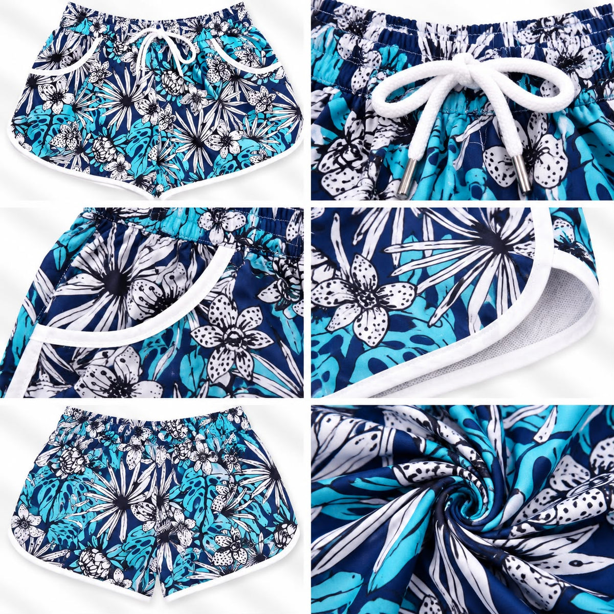 Women’s Tropical Floral Beach Shorts – Navy & Turquoise