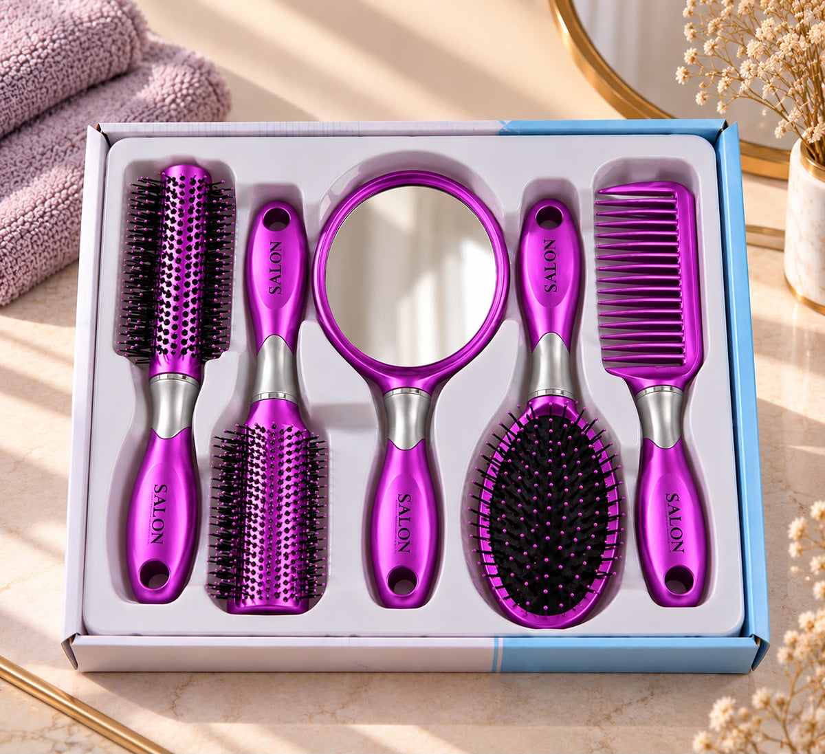 5-Piece Hair Brush, Comb & Mirror Gift Set