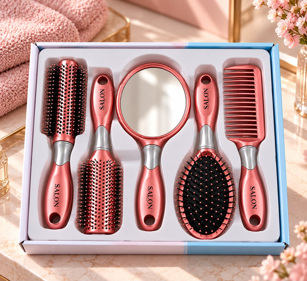 5-Piece Hair Brush, Comb & Mirror Gift Set