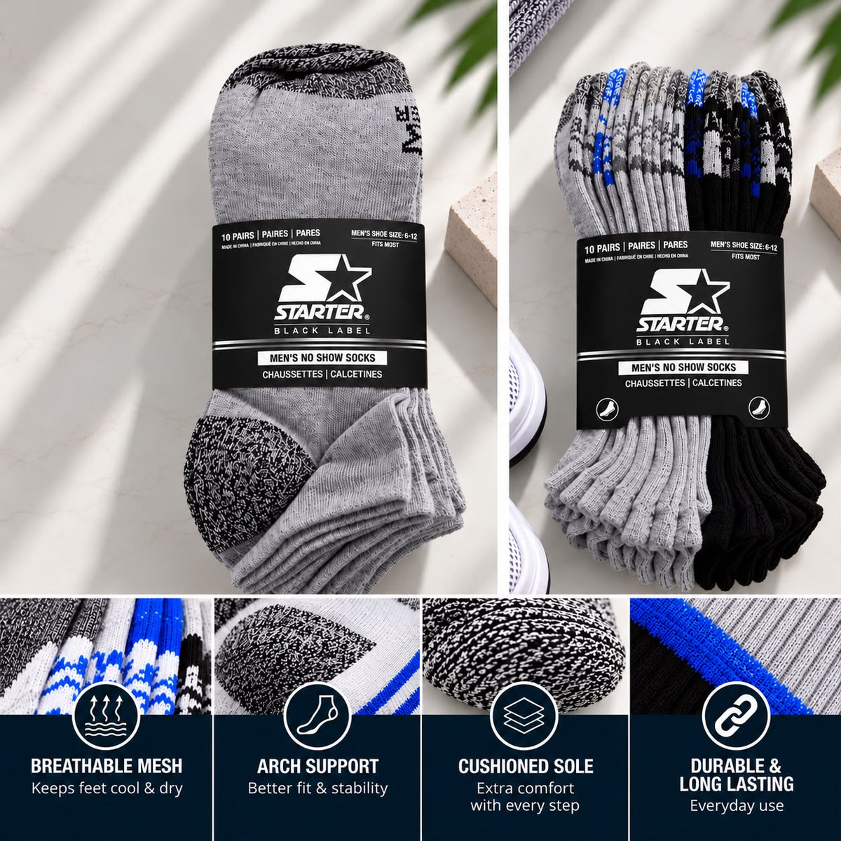 Men’s Sports No-Show Socks – 10 Pack | Size 6-12