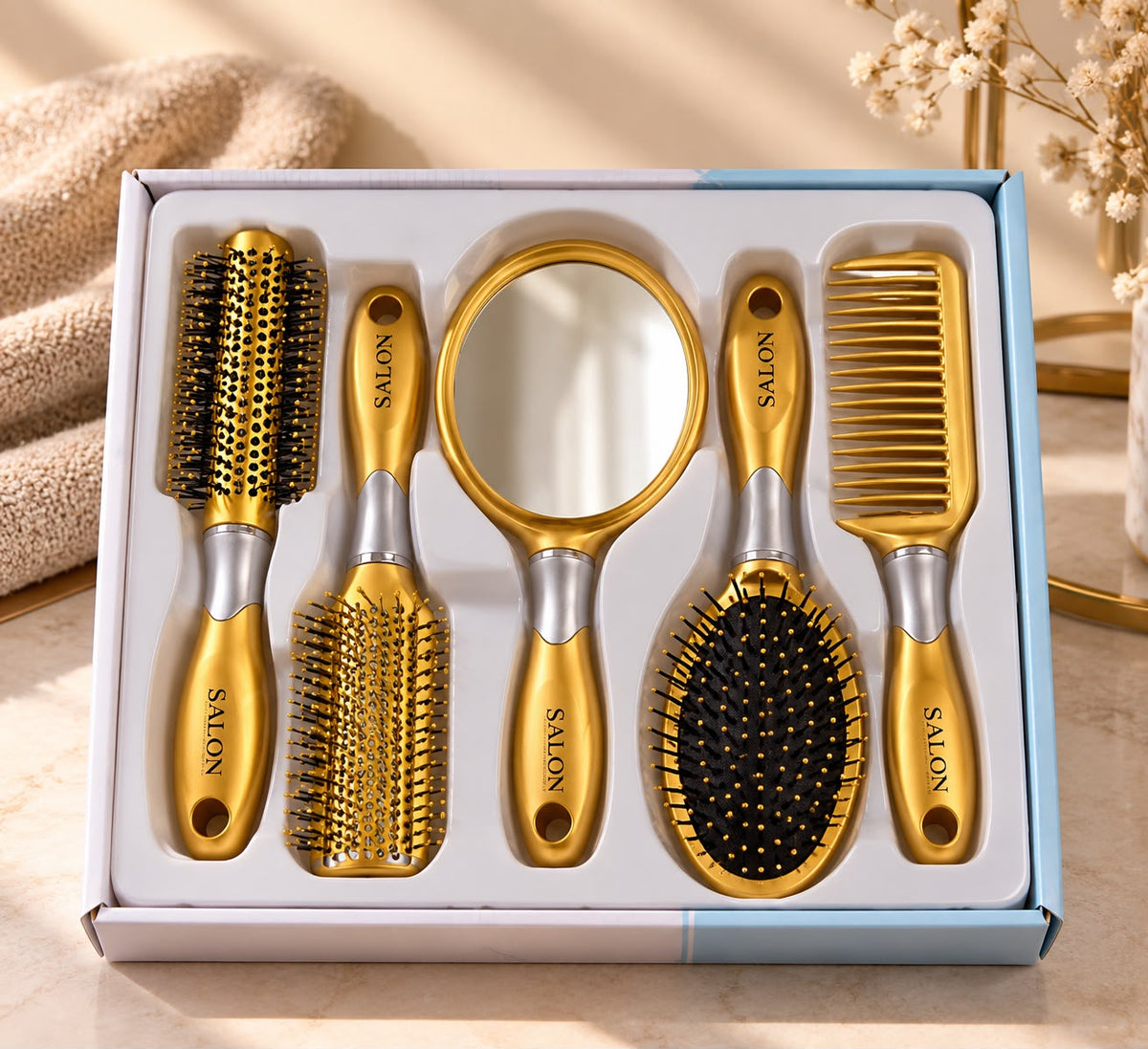 5-Piece Hair Brush, Comb & Mirror Gift Set