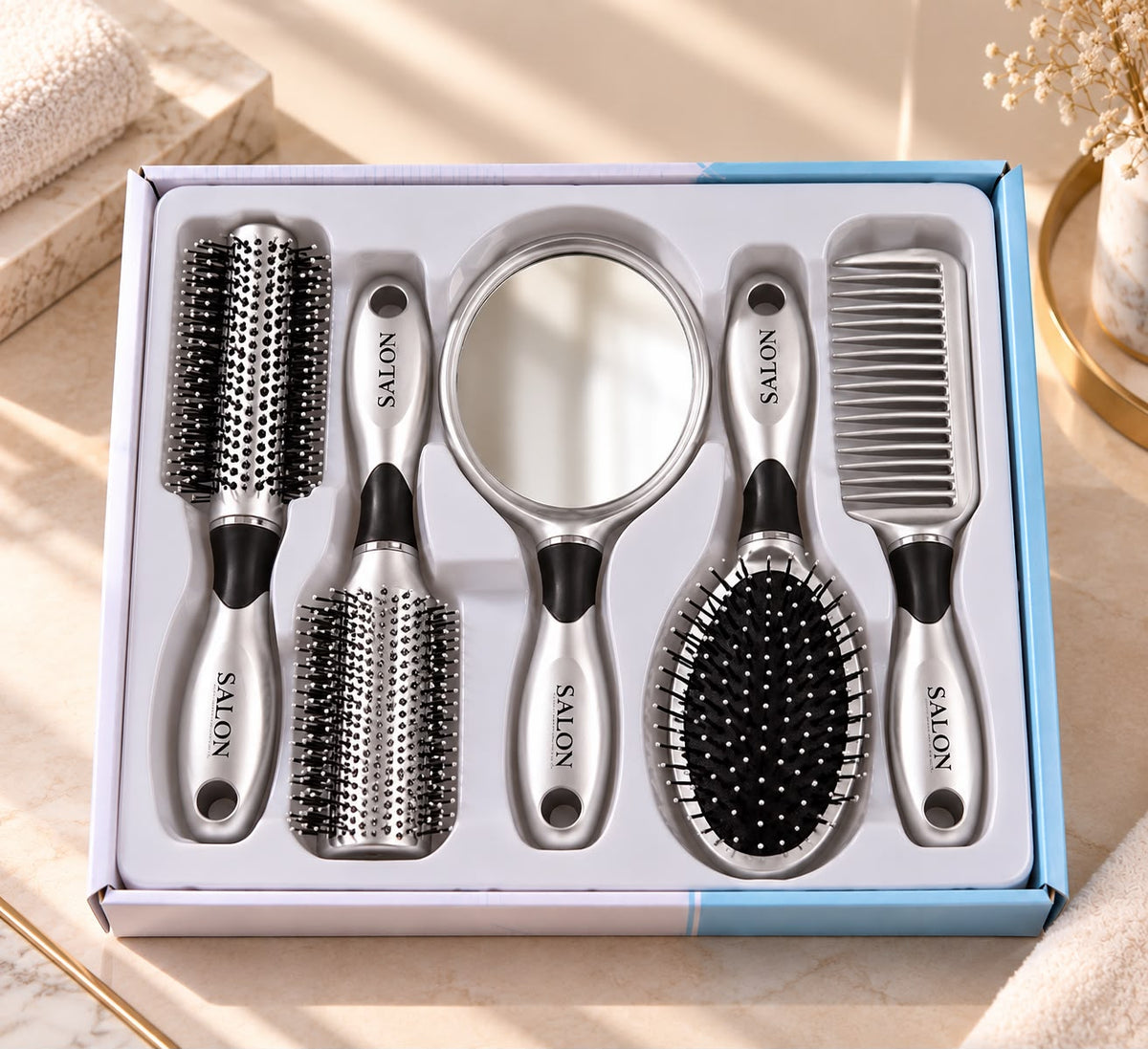 5-Piece Hair Brush, Comb & Mirror Gift Set