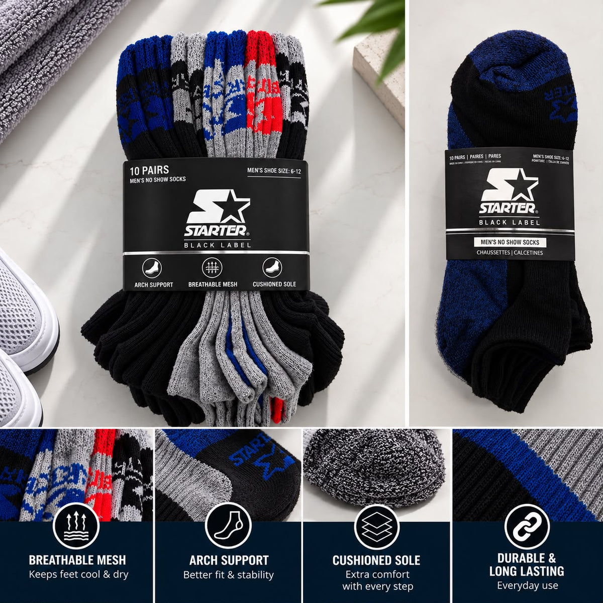 Men’s Sports No-Show Socks – 10 Pack | Size 6-12