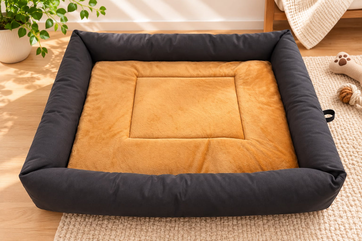 Cushioned Pet Bed – Black & Tan | 80 × 60 cm