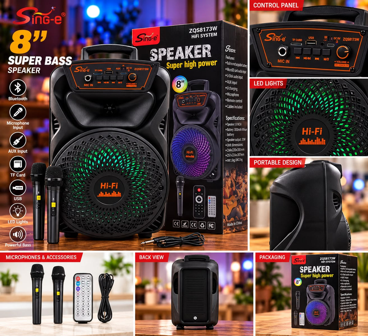 Sing-e 8″ Portable Bluetooth Karaoke Speaker – ZQS8173W