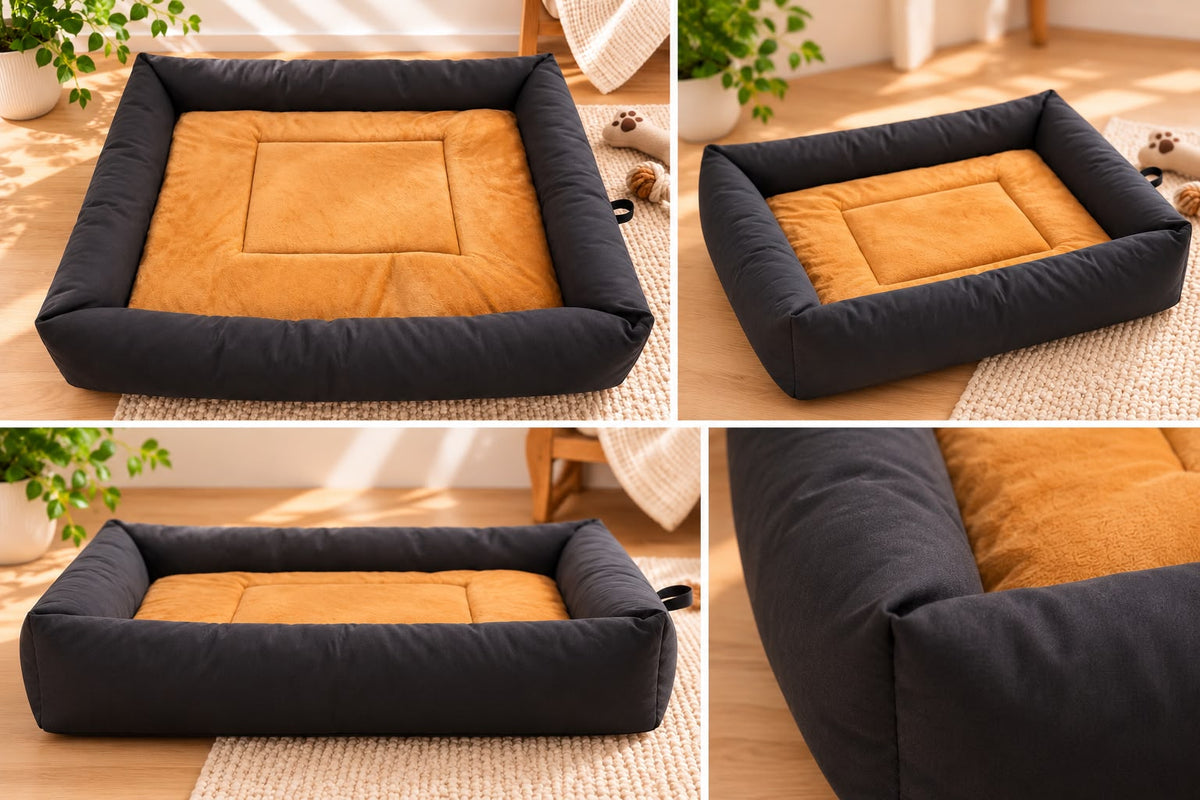 Cushioned Pet Bed – Black & Tan | 80 × 60 cm