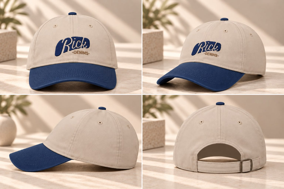 Two-Tone Embroidered Baseball Cap – Beige & Blue