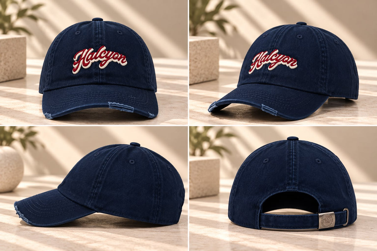 Halcyon Embroidered Distressed Baseball Cap – Navy Blue