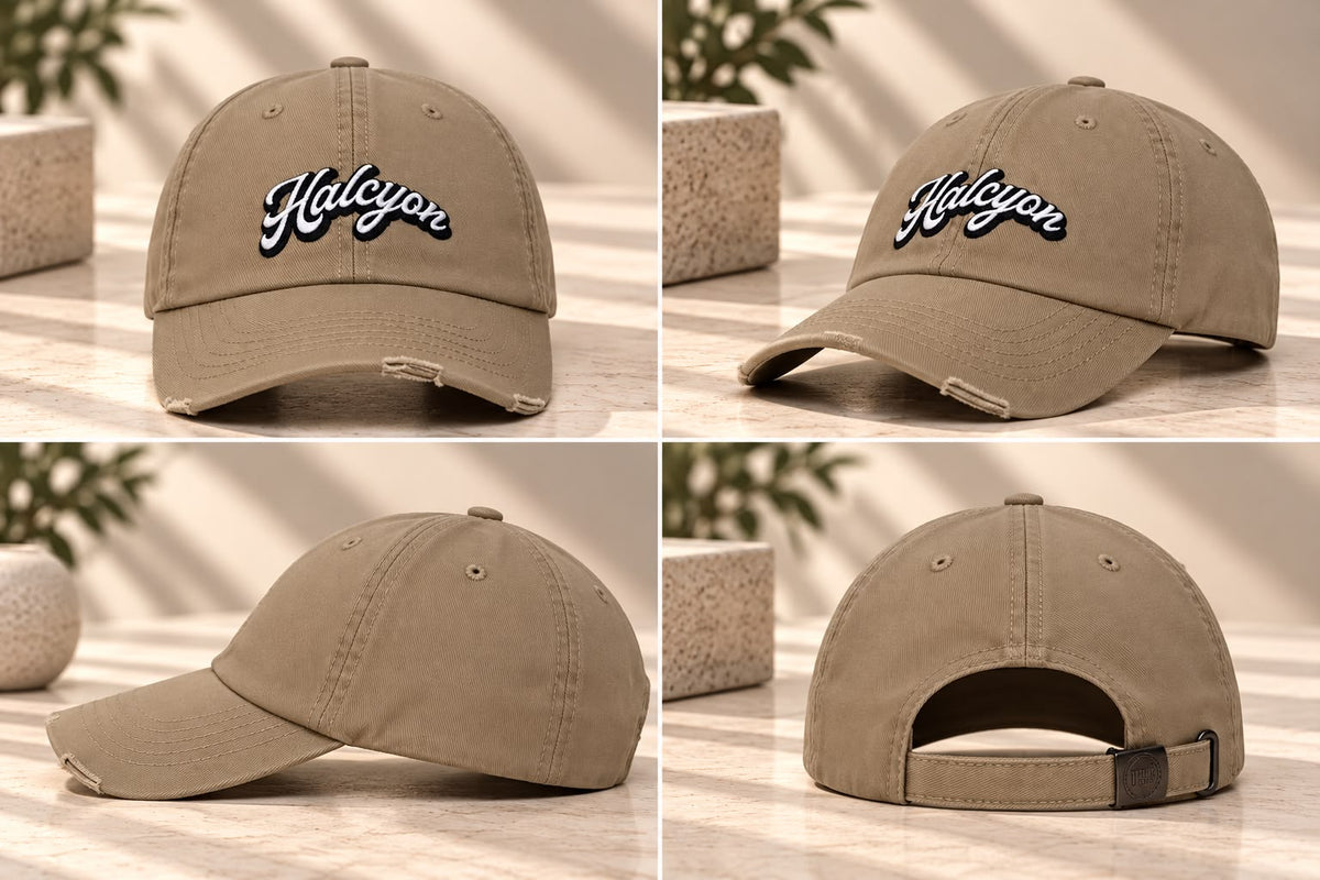 Halcyon Embroidered Distressed Baseball Cap – Khaki