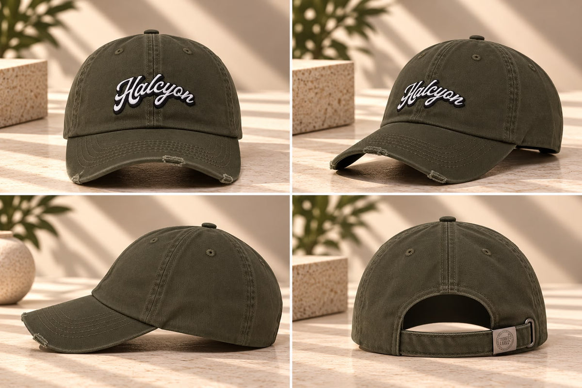 Halcyon Embroidered Distressed Baseball Cap – Olive Green