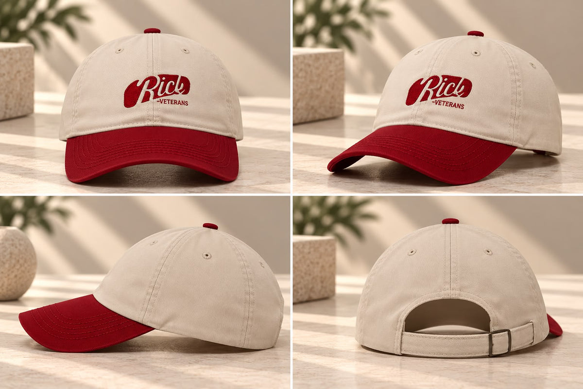Two-Tone Embroidered Baseball Cap – Beige & Red