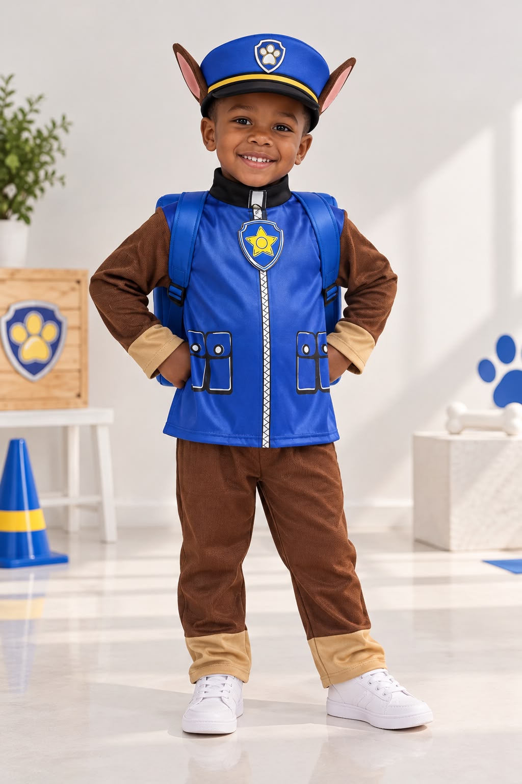 Kids’ PAW Patrol Chase Costume Set with Hat & Backpack – Blue & Brown