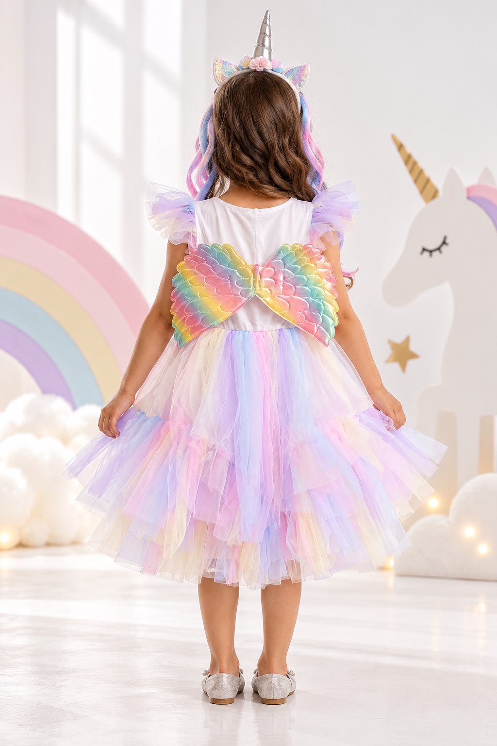 Kids’ Rainbow Unicorn Costume Dress with Wings & Headband