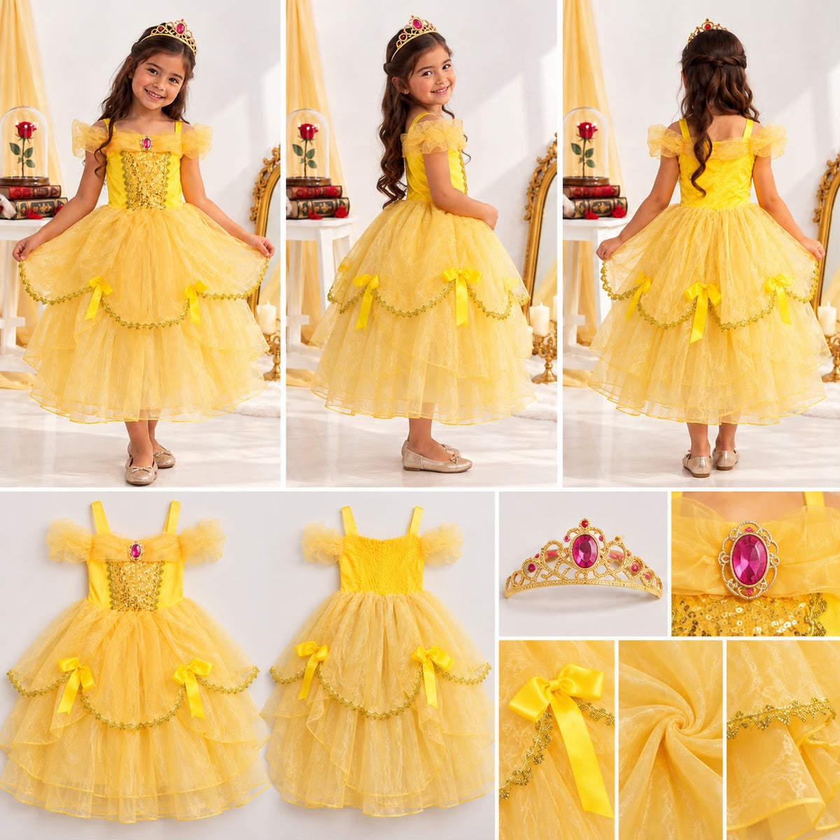 Kids’ Belle Princess Costume Dress with Tiara – Yellow & Gold