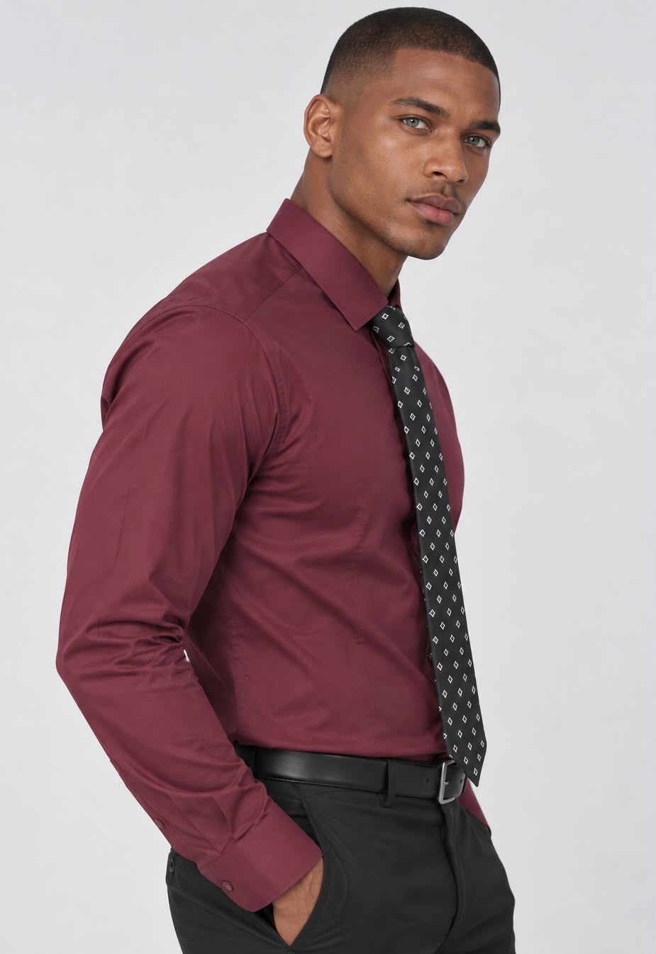 Men's Long-Sleeve Shirt with Tie – Burgundy