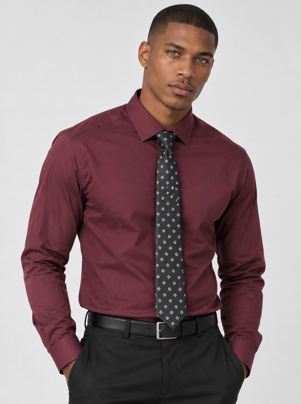 Men's Long-Sleeve Shirt with Tie – Burgundy