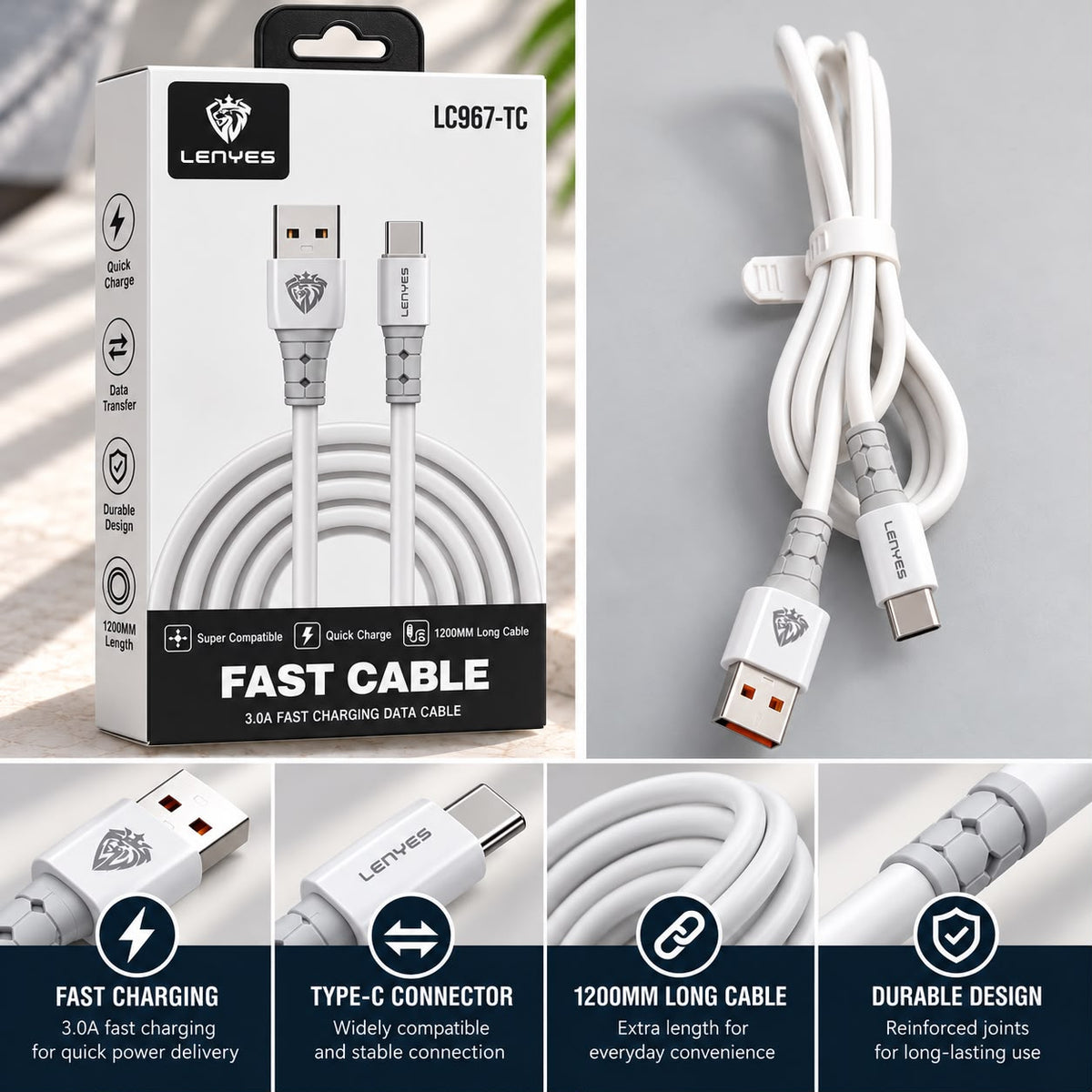 Lenyes LC967-TC USB-A to USB-C Fast Charging & Data Cable – 1.2 m