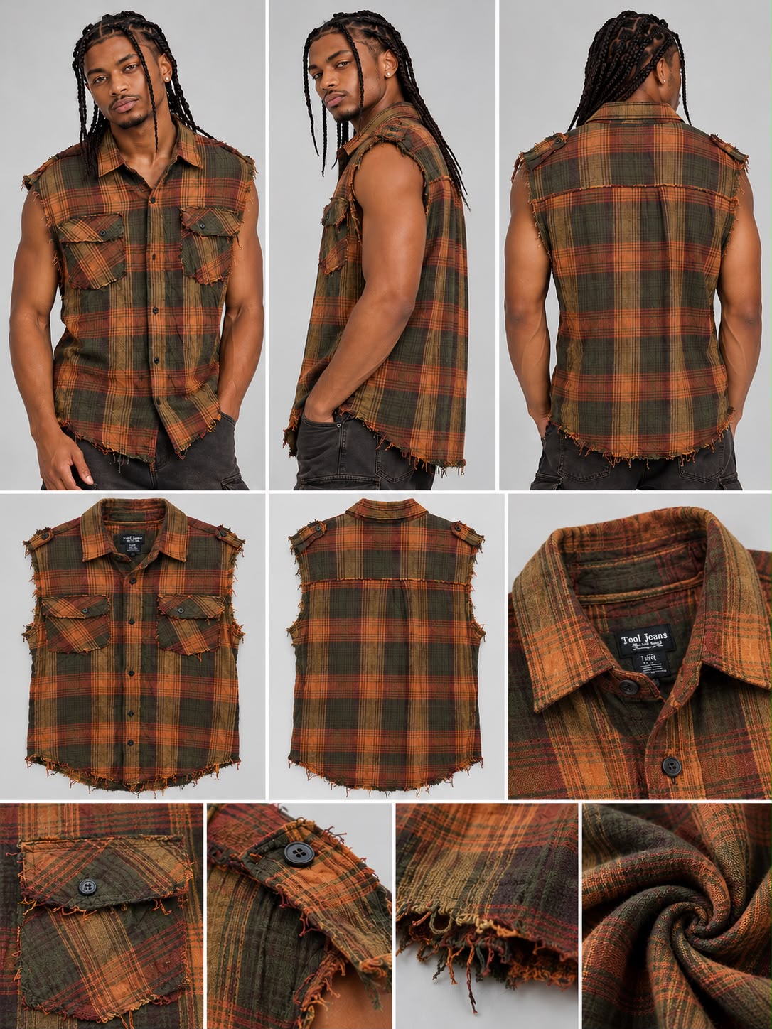 Big Men’s Sleeveless Plaid Crinkle Shirt – XL–4XL