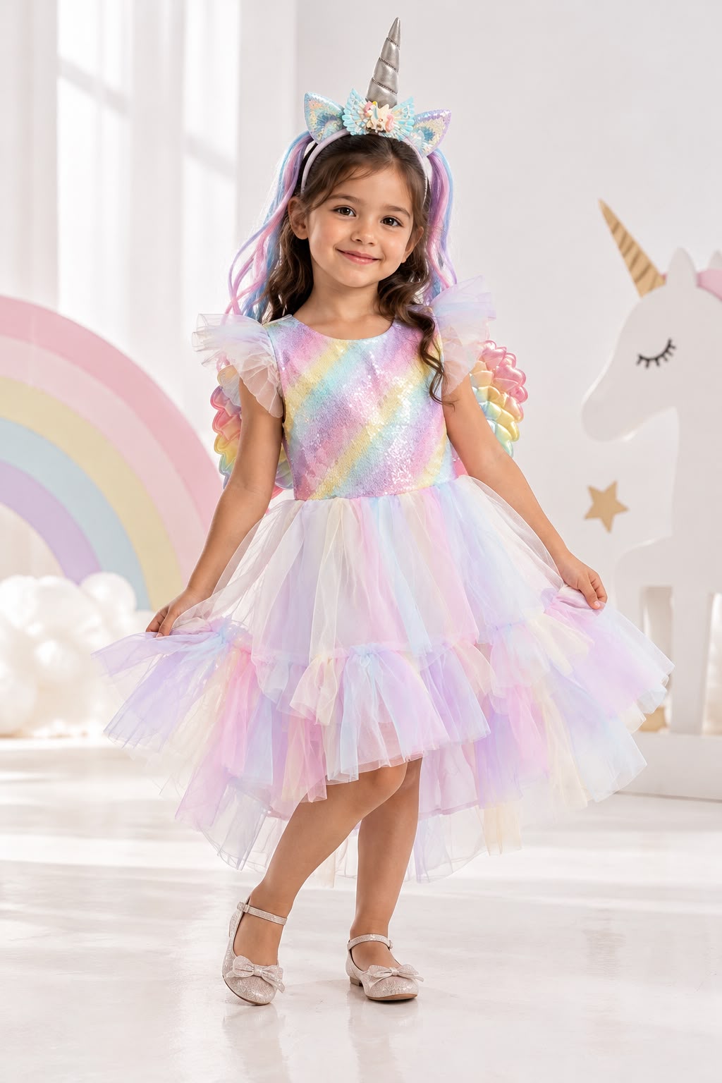 Kids’ Rainbow Unicorn Costume Dress with Wings & Headband