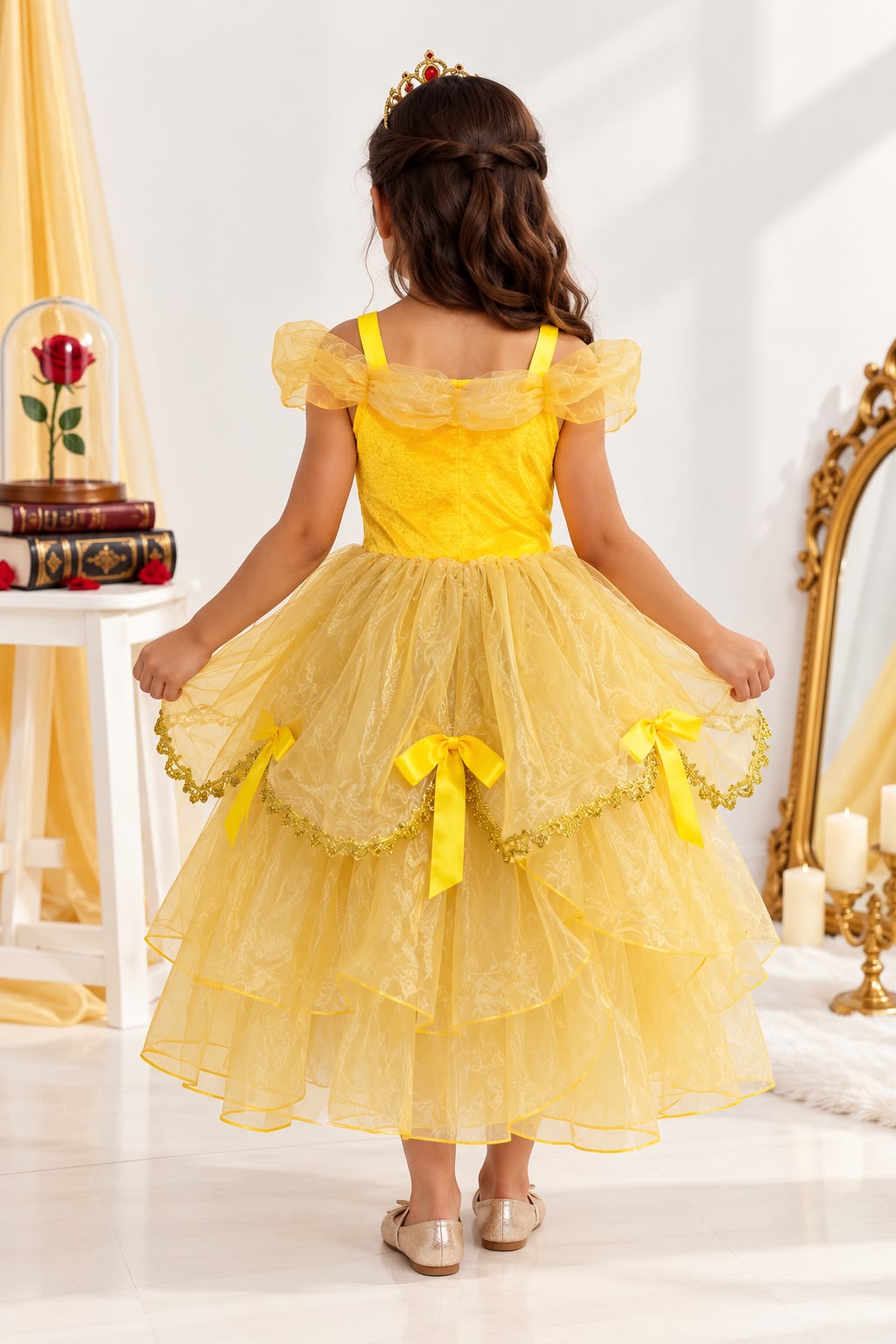 Kids’ Belle Princess Costume Dress with Tiara – Yellow & Gold