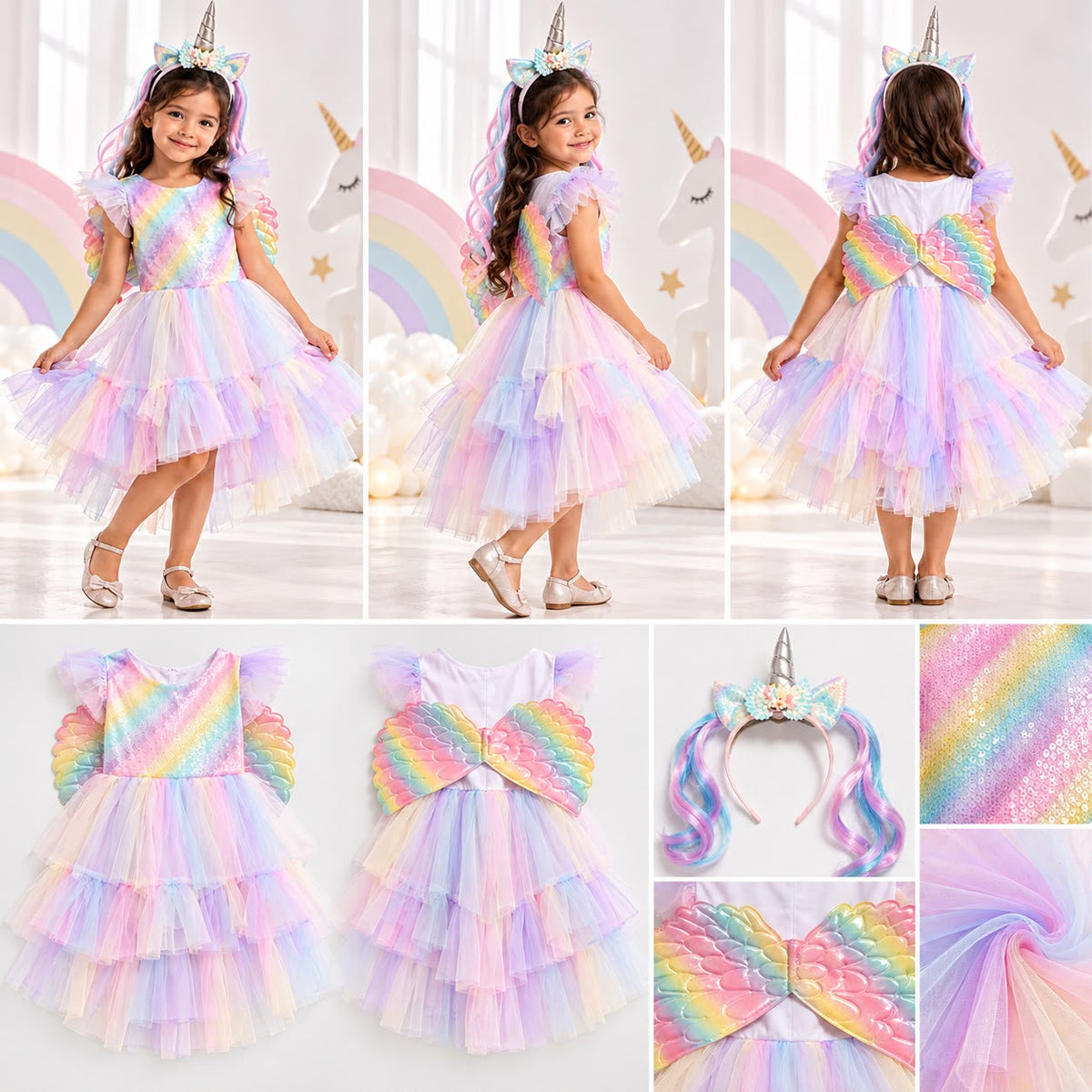 Kids’ Rainbow Unicorn Costume Dress with Wings & Headband