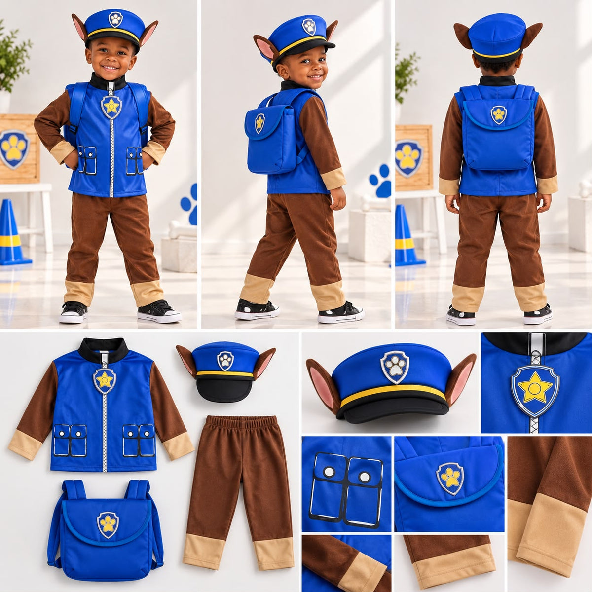 Kids’ PAW Patrol Chase Costume Set with Hat & Backpack – Blue & Brown