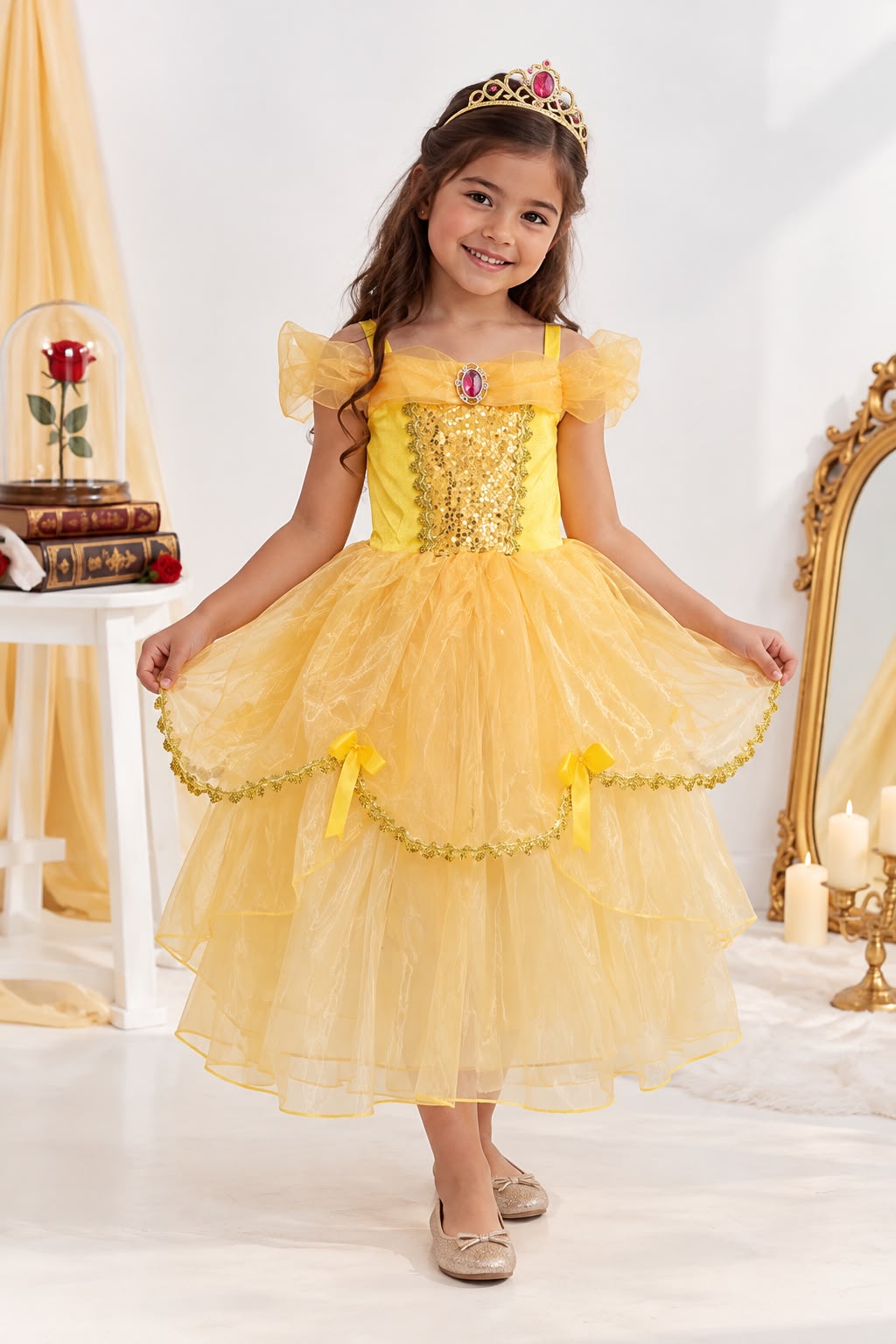 Kids’ Belle Princess Costume Dress with Tiara – Yellow & Gold