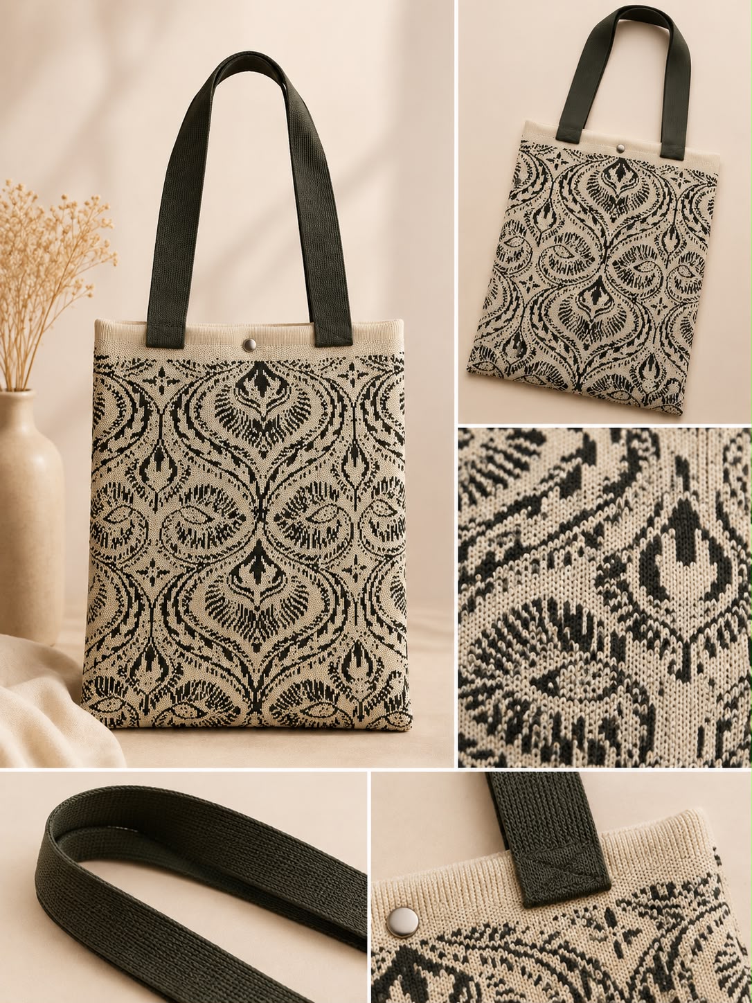 Women’s Paisley Woven Tote Bag – Beige & Black