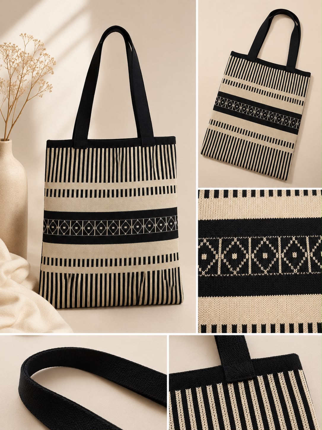 Women’s Geometric Stripe Woven Tote Bag – Black & Cream