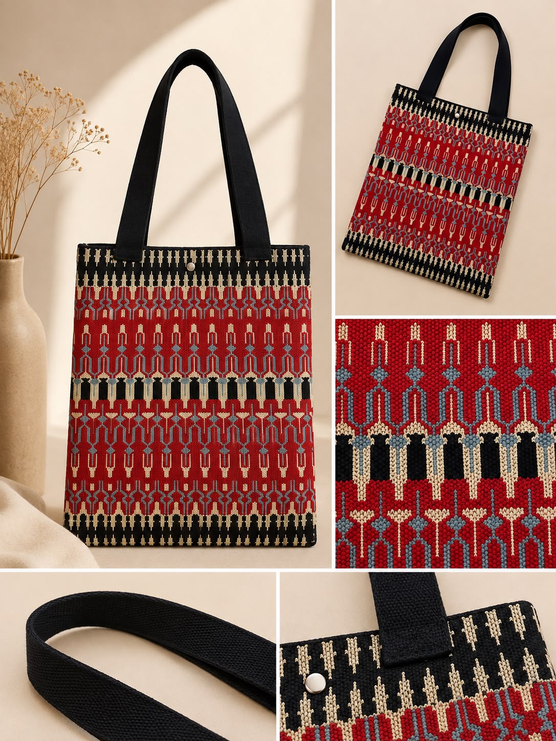 Women’s Geometric Woven Tote Bag – Red & Black