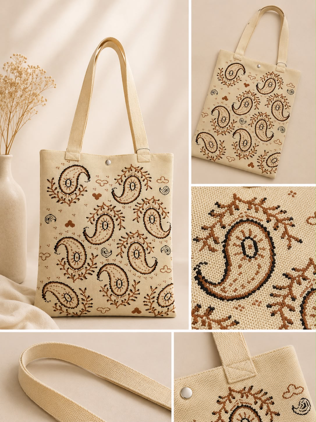 Women’s Paisley Woven Tote Bag – Cream