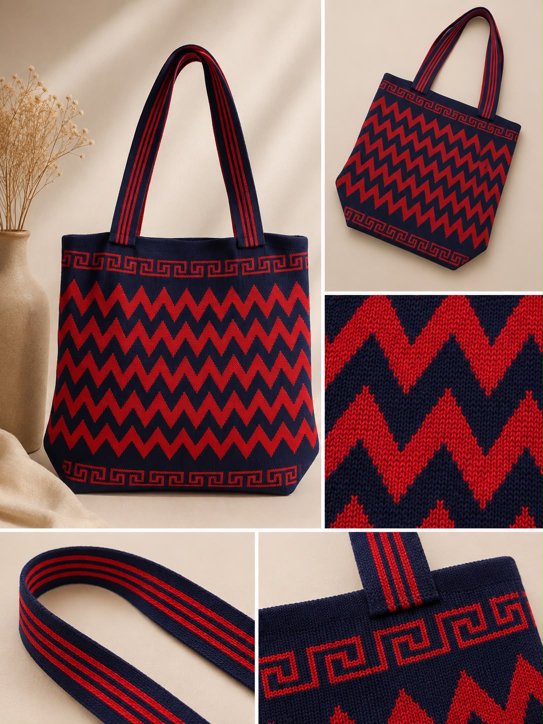 Women’s Chevron Knit Tote Bag – Navy & Red