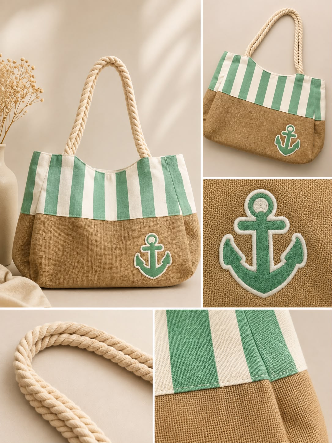 Nautical Striped Anchor Rope Handle Tote Bag – Green