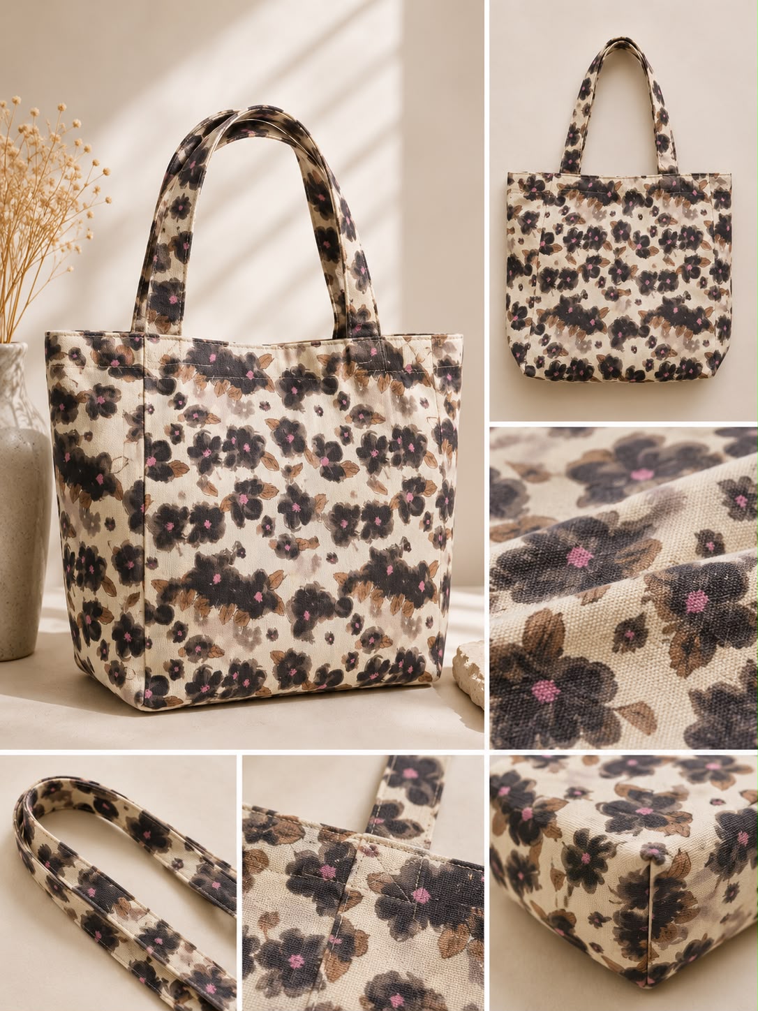 Women’s Floral Canvas Tote Bag – Cream & Black