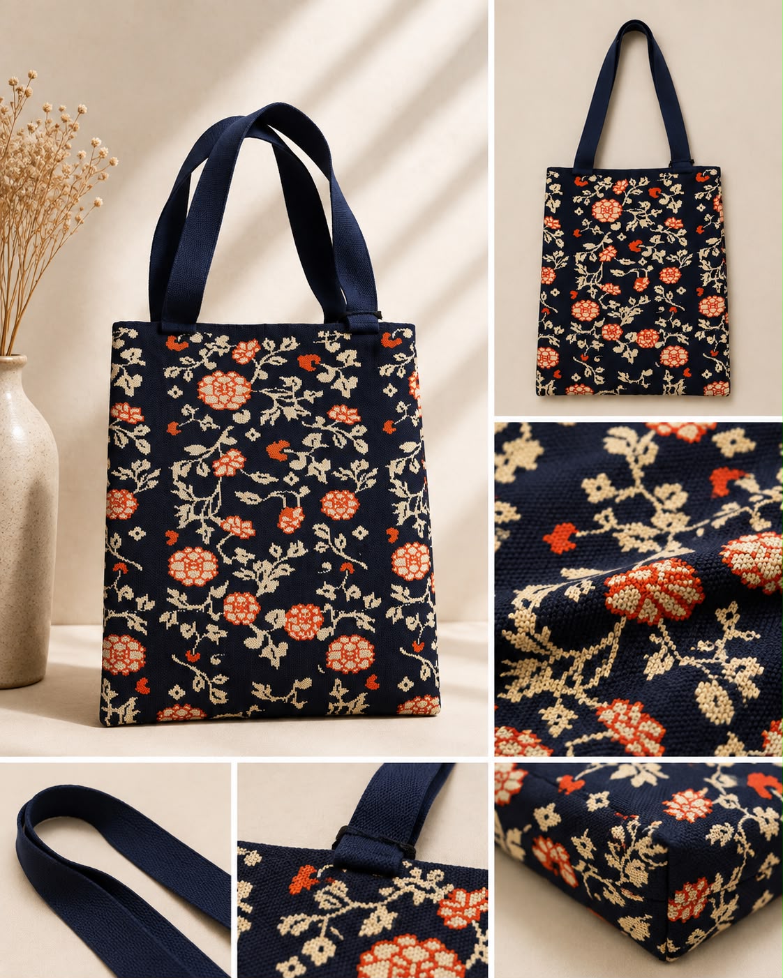Women’s Floral Tote Bag – Navy Blue