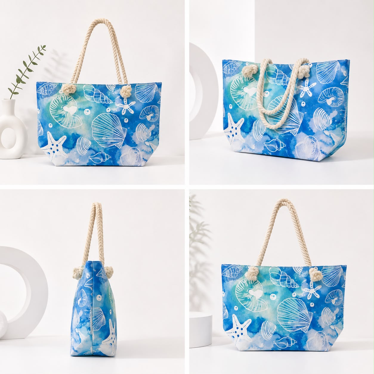 Ocean Seashell Print Rope Handle Tote Bag – Blue