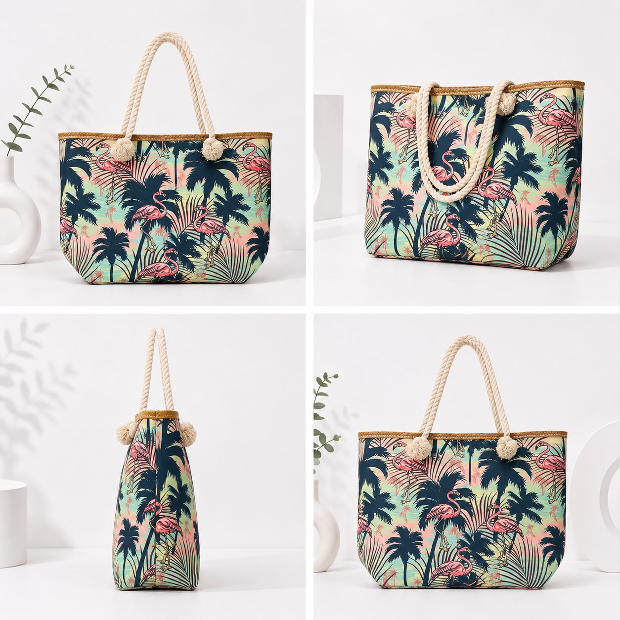 Tropical Flamingo Print Rope Handle Tote Bag
