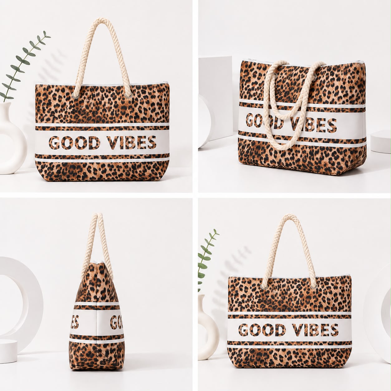 Good Vibes Leopard Print Rope Handle Tote Bag