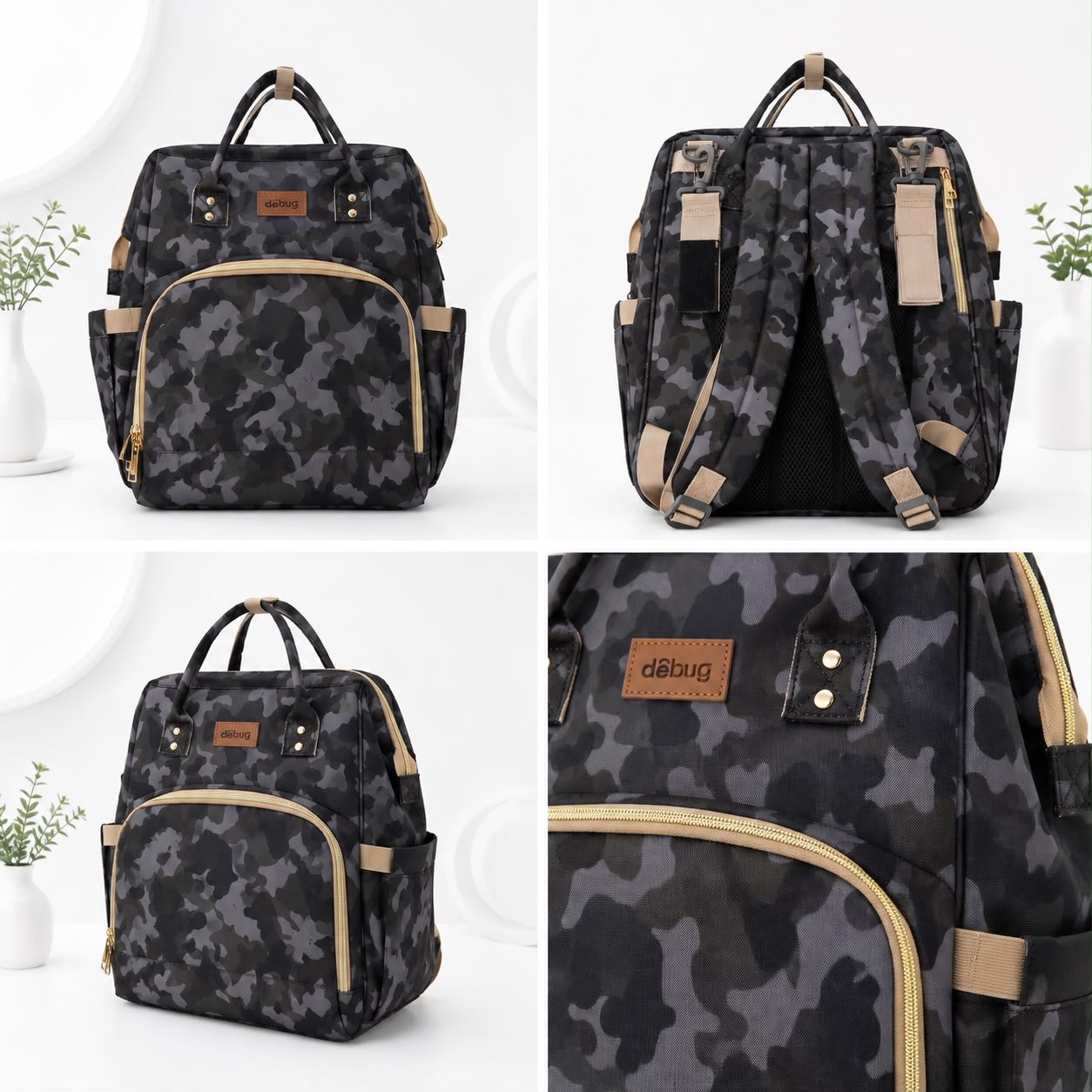 Camouflage Baby Mommy Backpack – Black & Grey