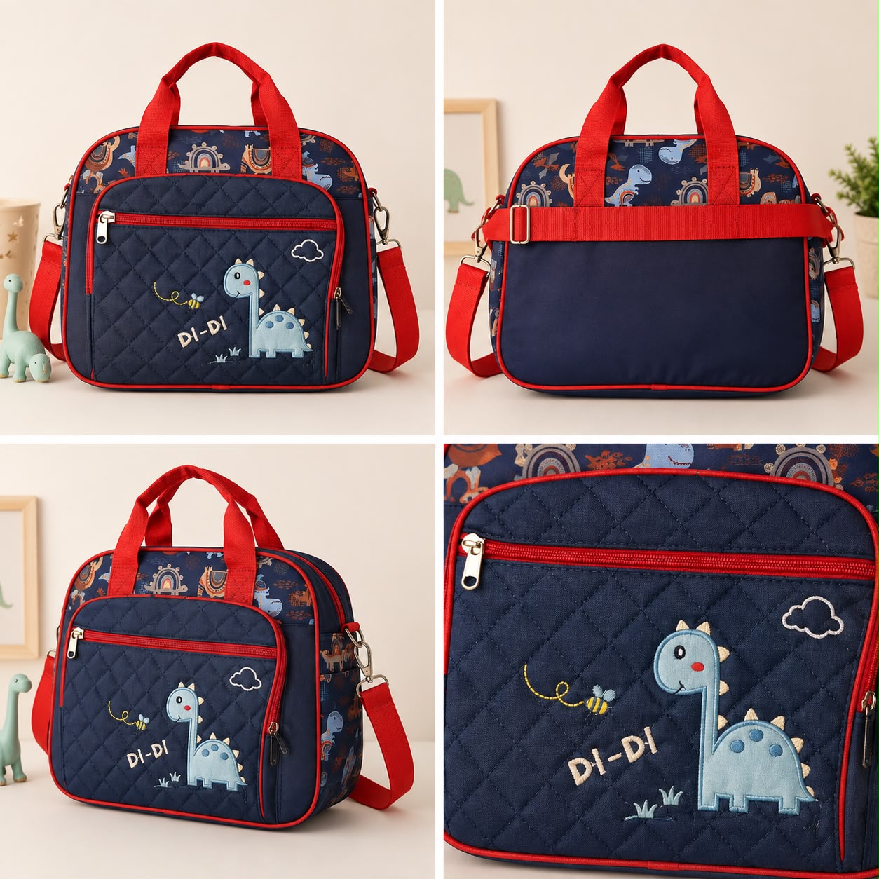 Dinosaur Quilted Baby Mommy Bag – Navy Blue & Red