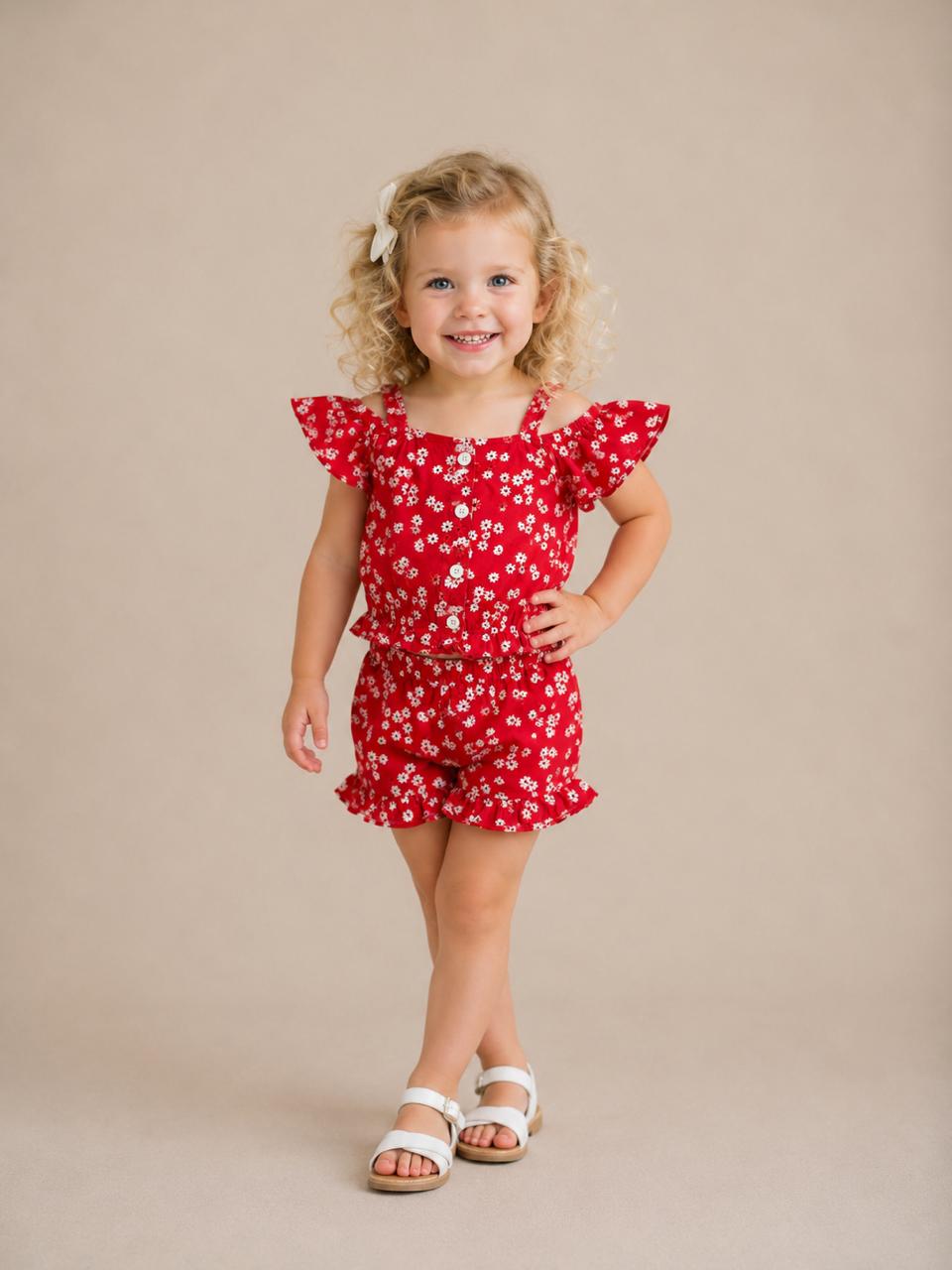 Girls’ Floral Cold-Shoulder Top & Ruffle Shorts Set
