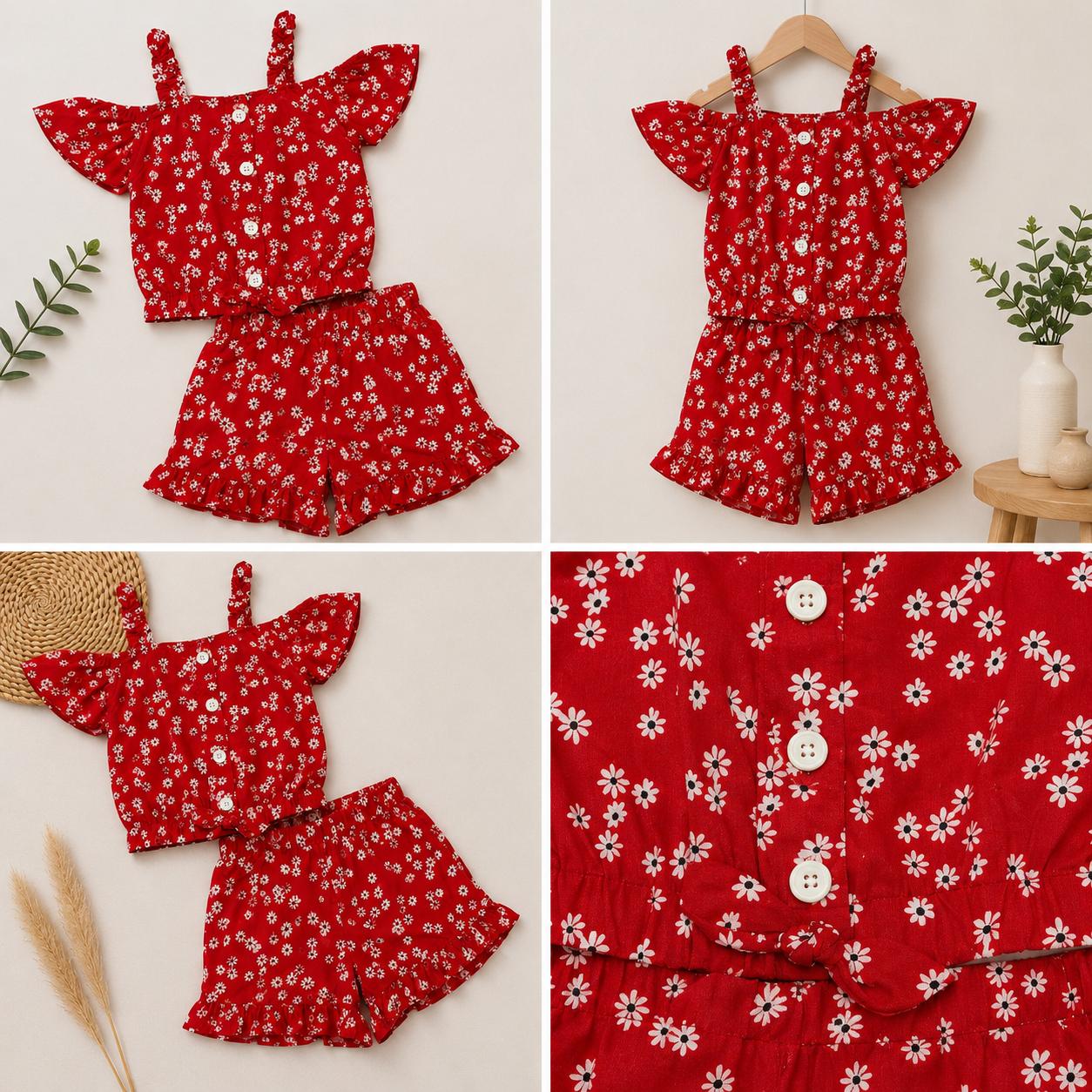Girls’ Floral Cold-Shoulder Top & Ruffle Shorts Set