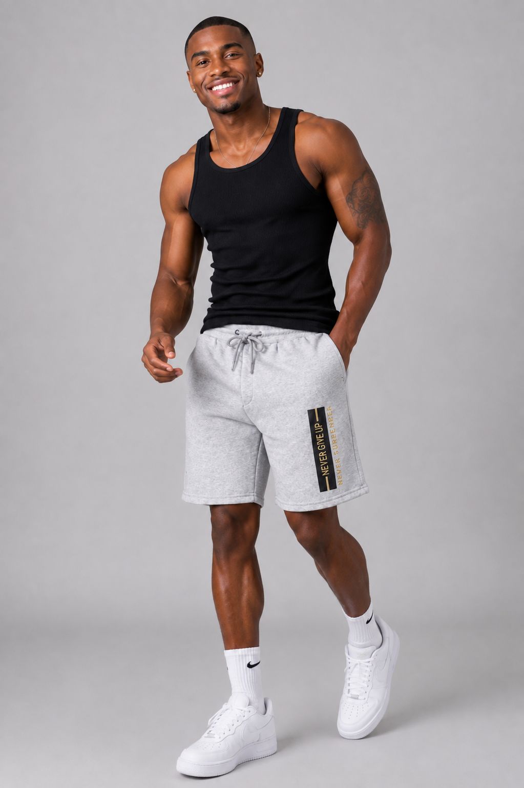 Men’s Never Give Up Drawstring Shorts – Light Grey