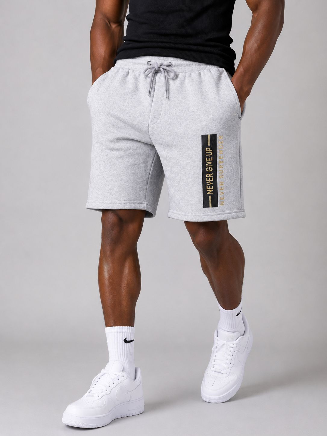 Men’s Never Give Up Drawstring Shorts – Light Grey