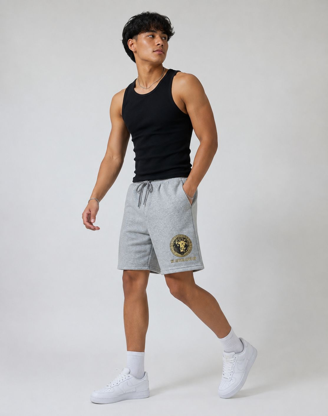Men’s We Never Give Up Lion Drawstring Shorts – Light Grey