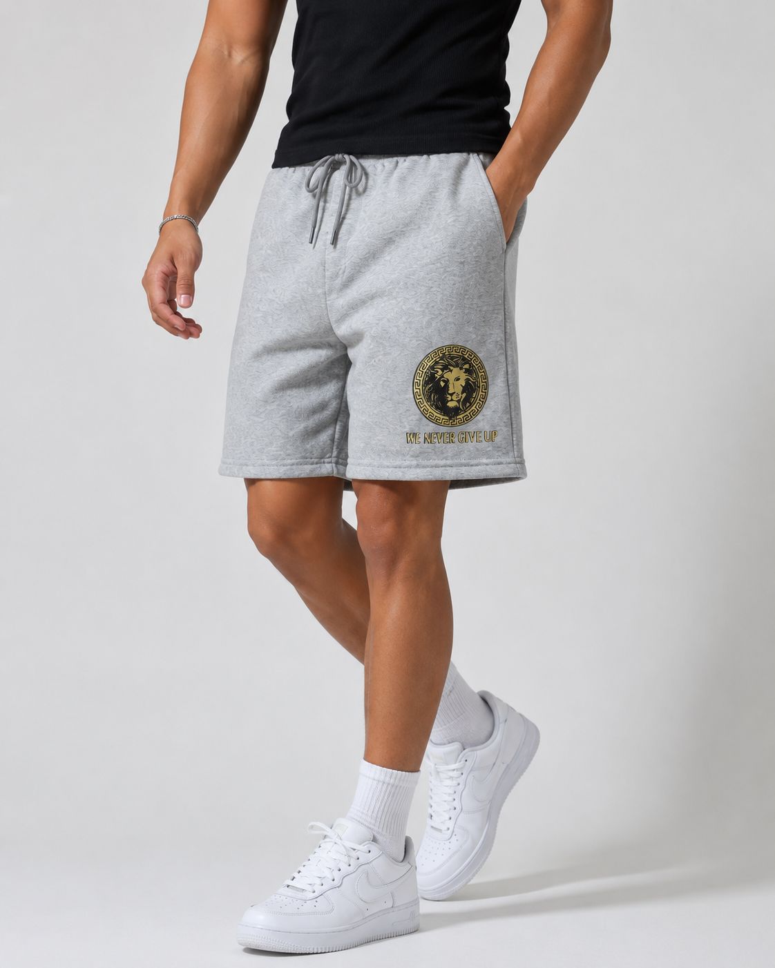 Men’s We Never Give Up Lion Drawstring Shorts – Light Grey