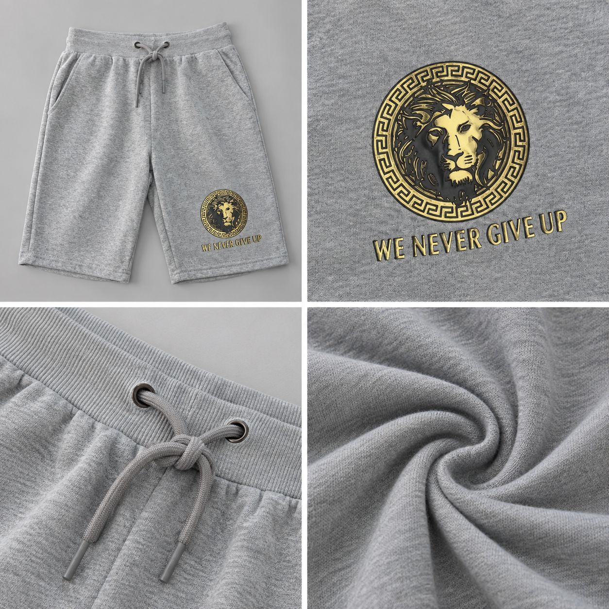Men’s We Never Give Up Lion Drawstring Shorts – Light Grey